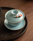 Hand-Sculpted "Azure Petals" Ru Ware Floating Sancai Gaiwan