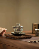 Gilded Silver "Ten Thousand Buddhas" Grottoes Sancai Gaiwan