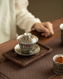 Gilded Silver "Ten Thousand Buddhas" Grottoes Sancai Gaiwan