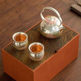 Silver-Inlaid "Butterfly & Floral" Beam Handle Tea Set | Handcrafted Ceramic Trio
